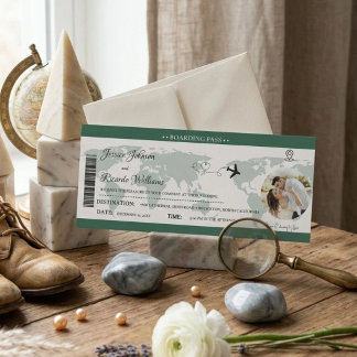 Convite de casamento verde Passagem de embarque bi