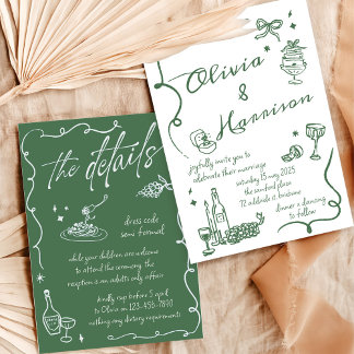 Convite De Casamento Verde Retroativo Desenhado À 