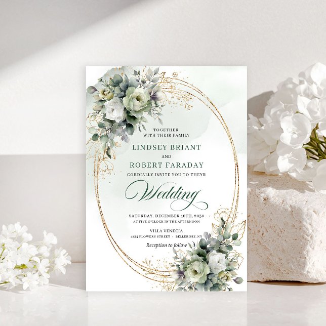 Convite de Casamento Verde Romântico Dourado (Chic White Roses Eucalyptus Wedding Invite)