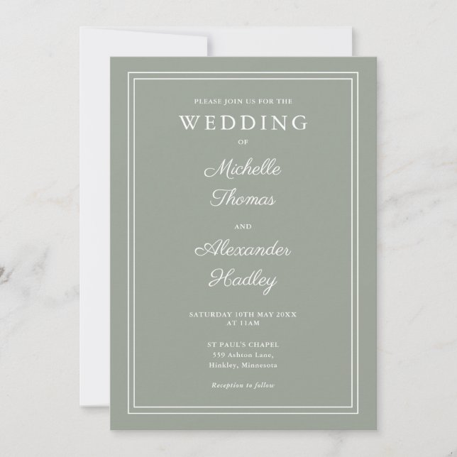 Convite de Casamento Verde Sage com Borda Elegante (Frente)