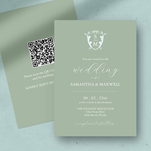Convite de Casamento Verde Sage com Código QR (QR code wedding invitation sage green minimalistic custom monogram crest )