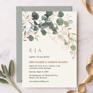 Convite de Casamento Verde Sage com Folhas Dourada
