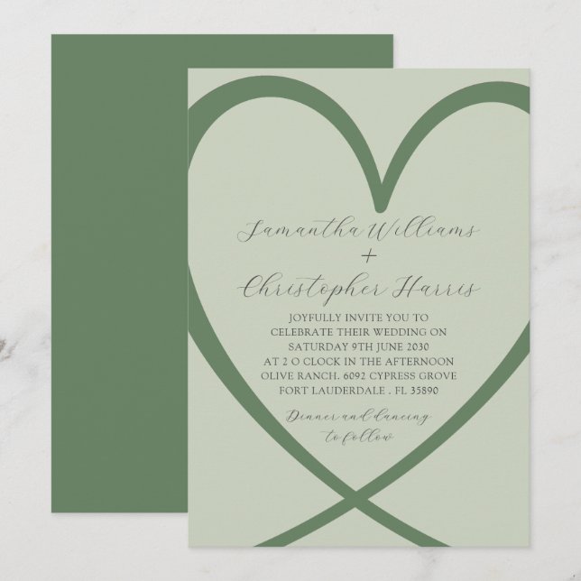 Convite de Casamento Verde Sage Coração Elegante (Frente/Verso)