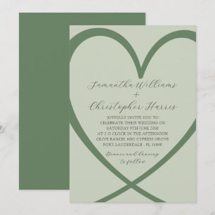 Convite de Casamento Verde Sage Coração Elegante
