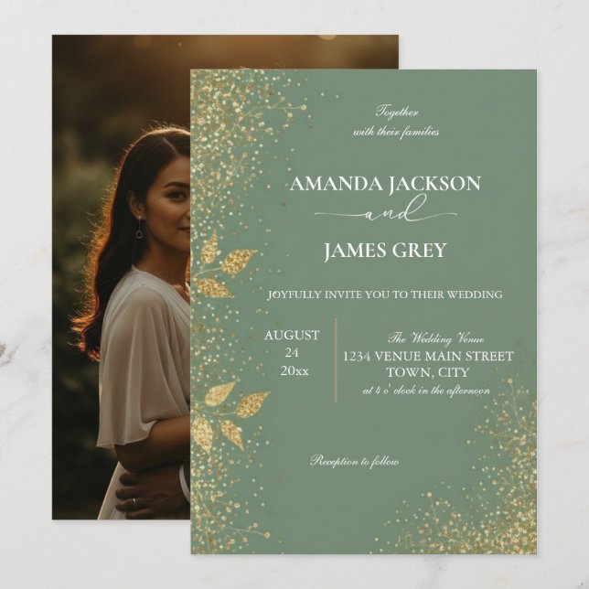 Convite de Casamento Verde Sage e Dourado (Frente/Verso)