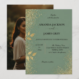 Convite de Casamento Verde Sage e Dourado