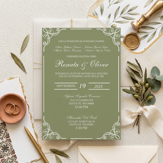 Convite de casamento verde-sage em espanhol  (Criador carregado)