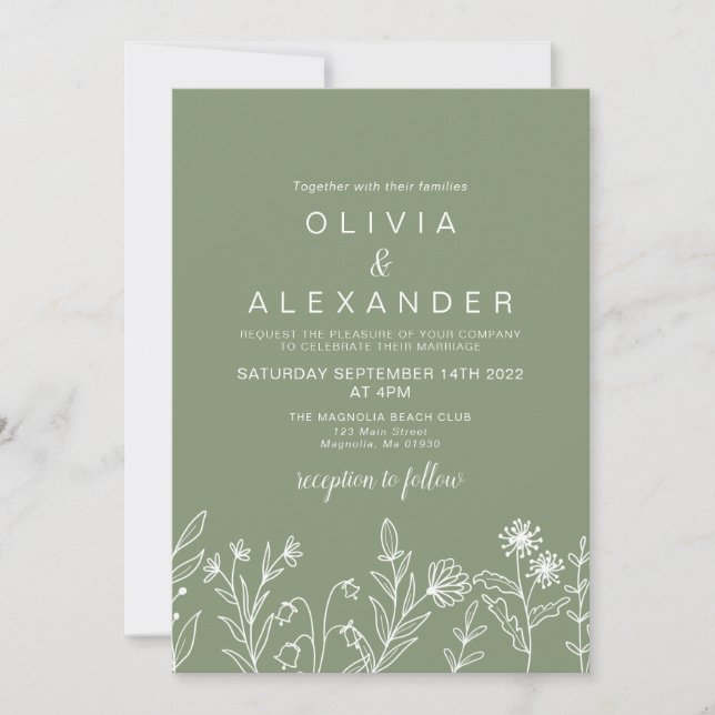 Convite de casamento verde sage flor silvestre boh (Frente)