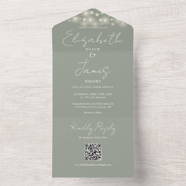 Convite de Casamento Verde Sage Luzes de Natal QR  (Interno)