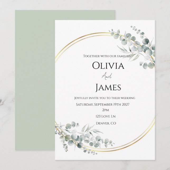 Convite de casamento verde sálvia (Frente/Verso)