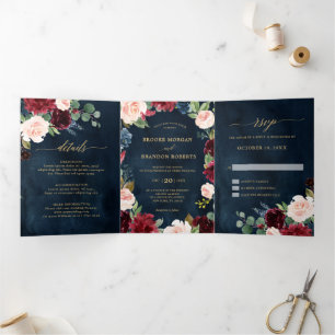 Convite de Casamento Vermelho Borgonha Dourado Nav