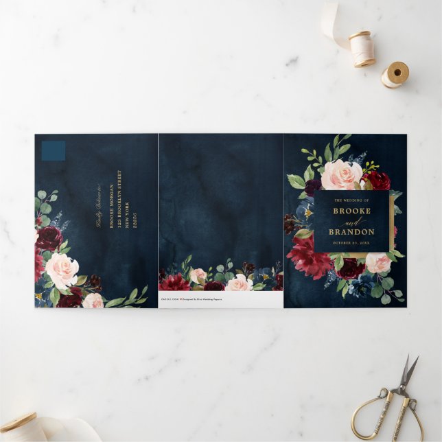 Convite de Casamento Vermelho Borgonha Dourado Nav (Fora)