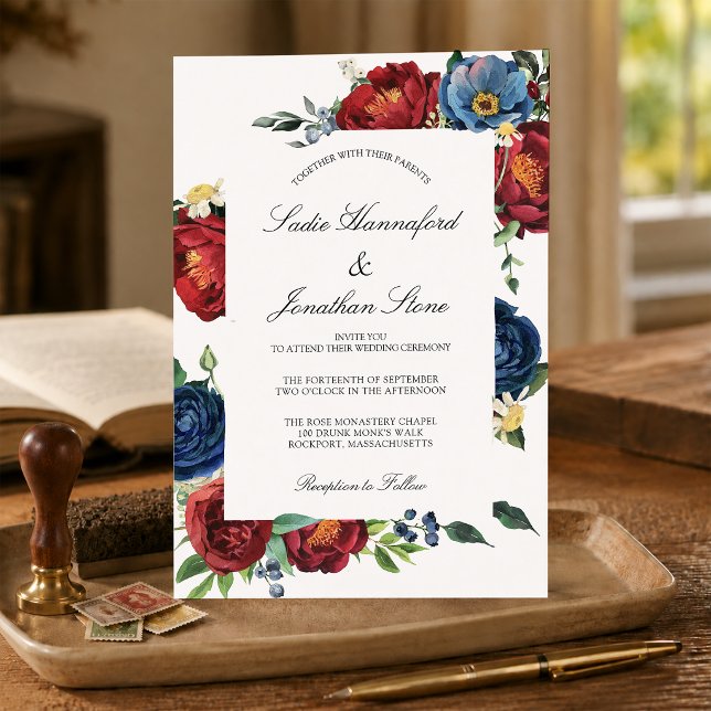Convite de casamento vermelho burgundy azul navy e (Criador carregado)