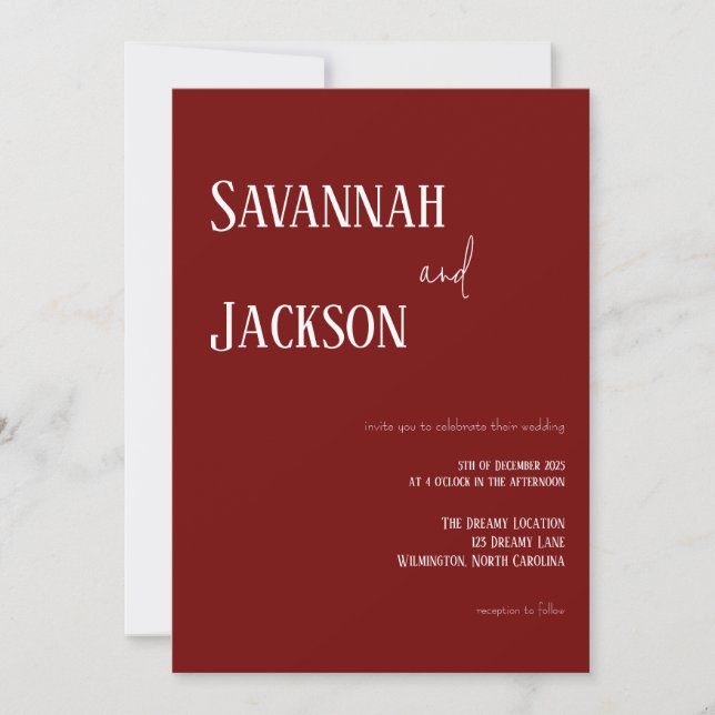 Convite de Casamento Vermelho Cranberry Moderno e  (Frente)