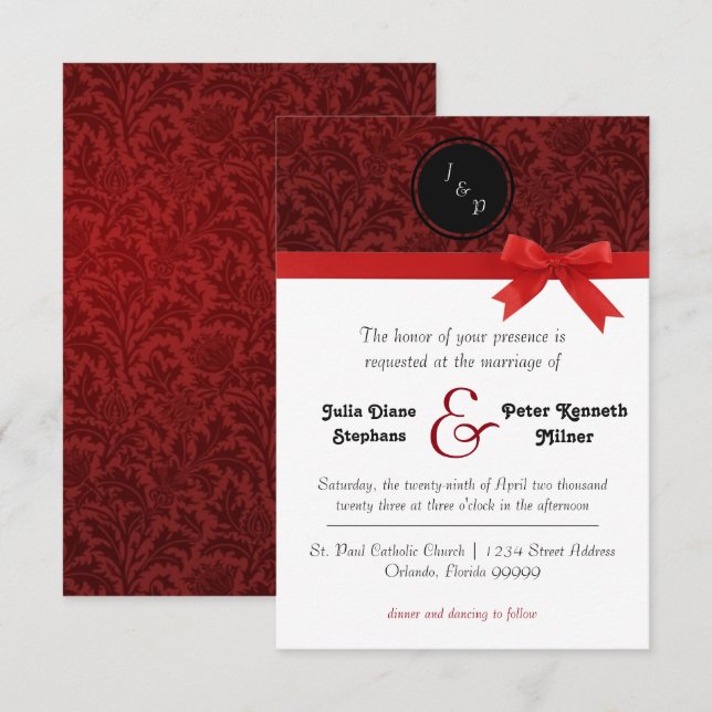 Convite de Casamento Vermelho Damask & Laço Vermel (Frente/Verso)