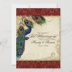 Convite de casamento Vermelho de Peacock & Feather