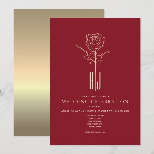 Convite de Casamento Vermelho e Dourado com Monogr (Frente/Verso)