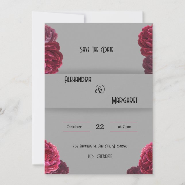 convite de casamento vermelho-escuro e bege (Frente)