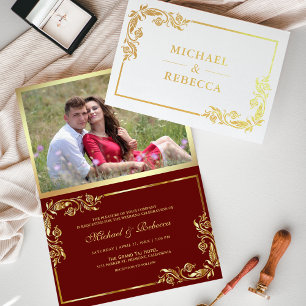 Convite de Casamento Vermelho Floral com Folha de 