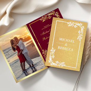 Convite de Casamento Vermelho Floral com Folha de