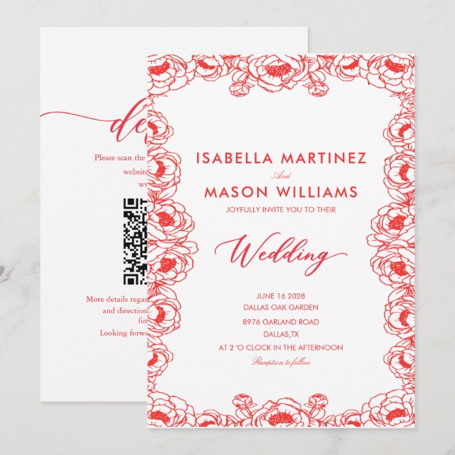 convite de casamento vermelho flores chinesas juic (Frente/Verso)