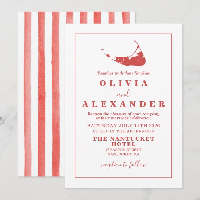 Convite de casamento vermelho Nantucket ACK (Frente/Verso)
