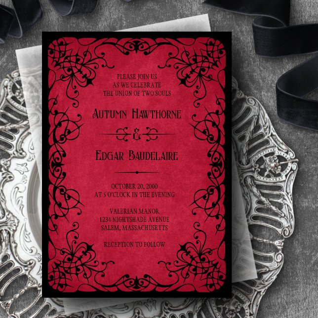 Convite de Casamento Vermelho Preto Gótico (Criador carregado)
