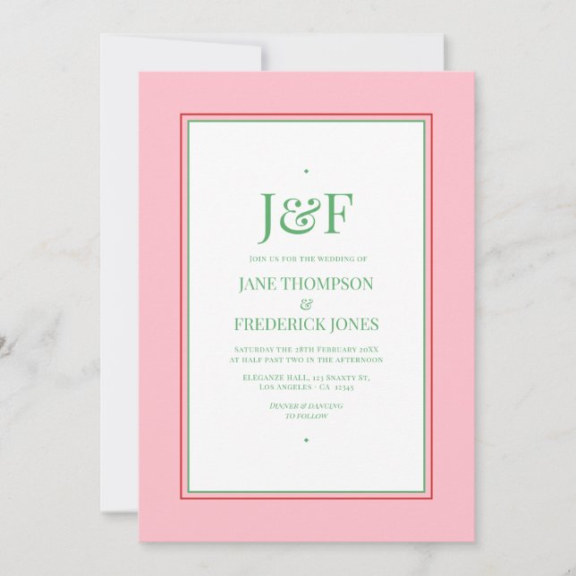 Convite de Casamento Vermelho, Rosa e Verde (Frente)