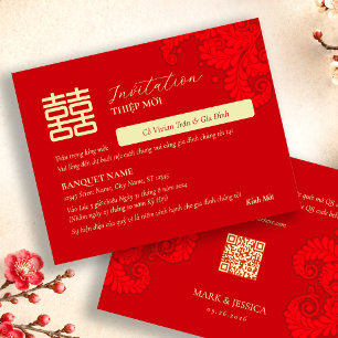 Convite de Casamento Vermelho Vietnamita Bilingue 