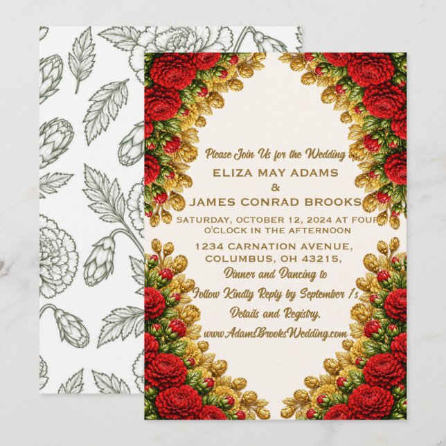 Convite de Casamento Vertical Ohio Red Carnation (Frente/Verso)