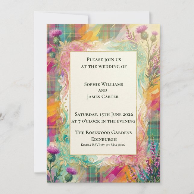 Convite de Casamento Vibrante Tartan Thistle (Frente)