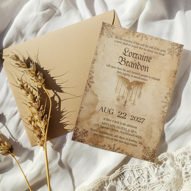 Convite de Casamento Viking Saga Nórdica (Rustic brown viking and norse mythology inspired wedding invitation on white background)
