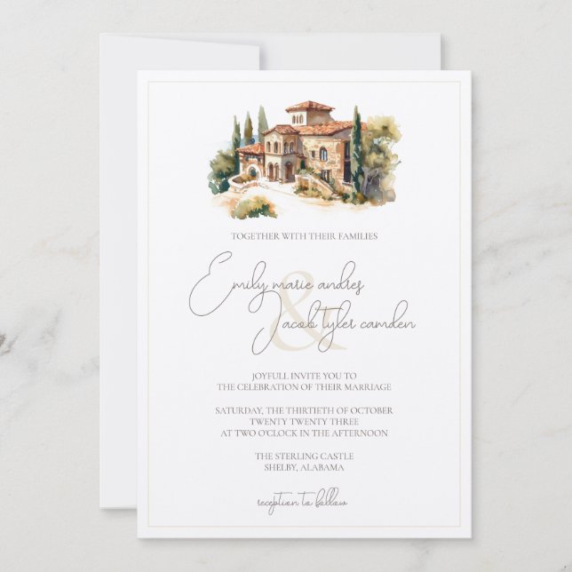 Convite de casamento - Villa Tuscan em Watercolor (Frente)