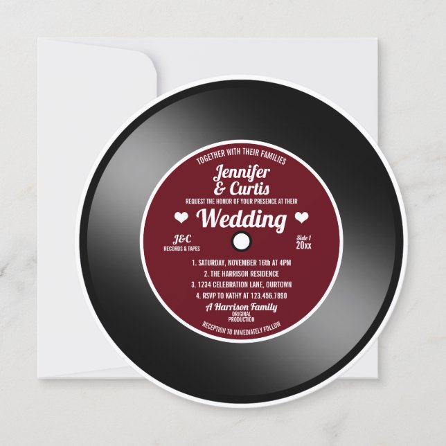 Convite de Casamento Vinil Retrô Vermelho Vinho (Frente)