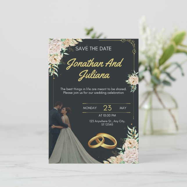Convite de Casamento Vintage Amarelo & Verde (Em pé/Frente)