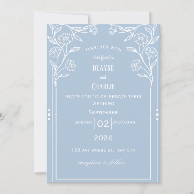 Convite de Casamento Vintage Azul Branco (Frente)