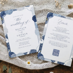 Convite de Casamento Vintage Azul e Branco de Hort