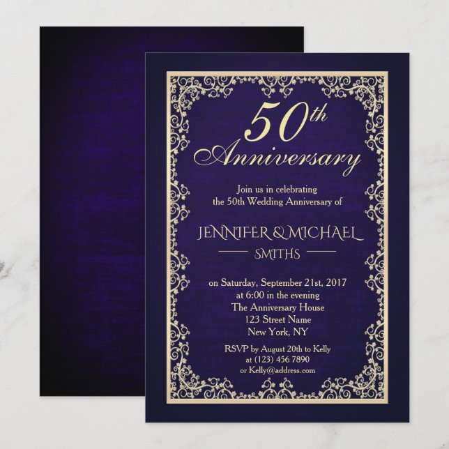 Convite de Casamento Vintage Azul Real para Aniver (Frente/Verso)