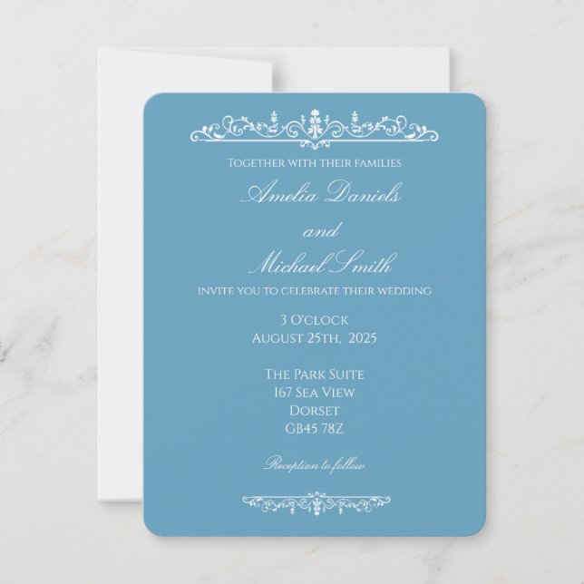 Convite de Casamento Vintage Azul Regência Elegant (Frente)