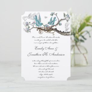 Convite de Casamento Vintage Birds Aqua e Rosa Neo