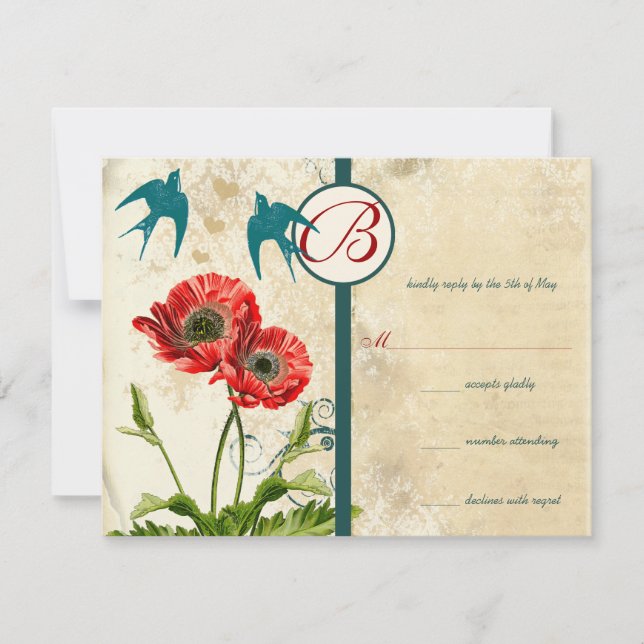 Convite de Casamento Vintage Birds Damask Papoula (Frente)