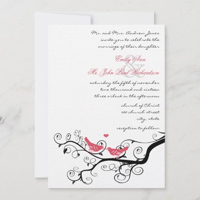 Convite de Casamento Vintage Birds Honeysuckle Ros (Frente)