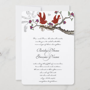 Convite de Casamento Vintage Birds Vermelho & Roxo