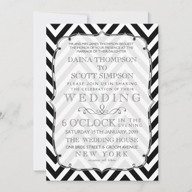 Convite de casamento Vintage Black & White Chevron (Frente)