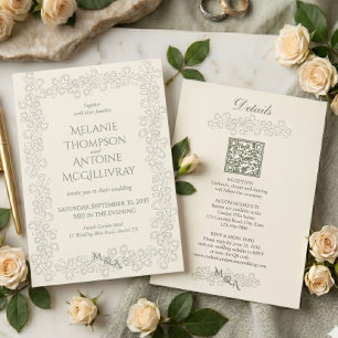 Convite de Casamento Vintage com QR Code RSVP Eleg