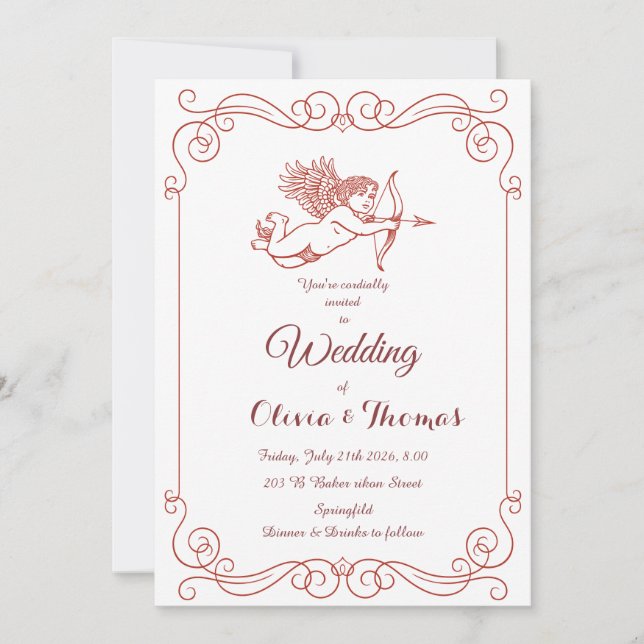 Convite de Casamento Vintage Cupid's Arrow Vermelh (Frente)