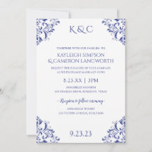 Convite de Casamento Vintage Elegante | Azul Real