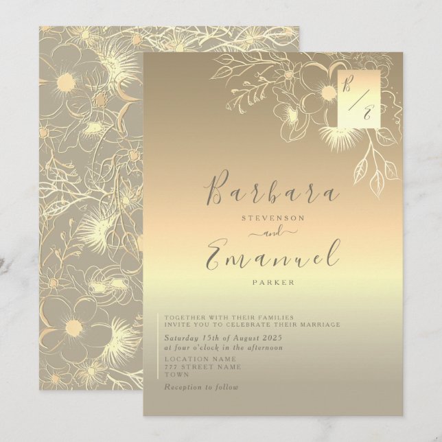 Convite de Casamento Vintage Elegante Dourado (Frente/Verso)