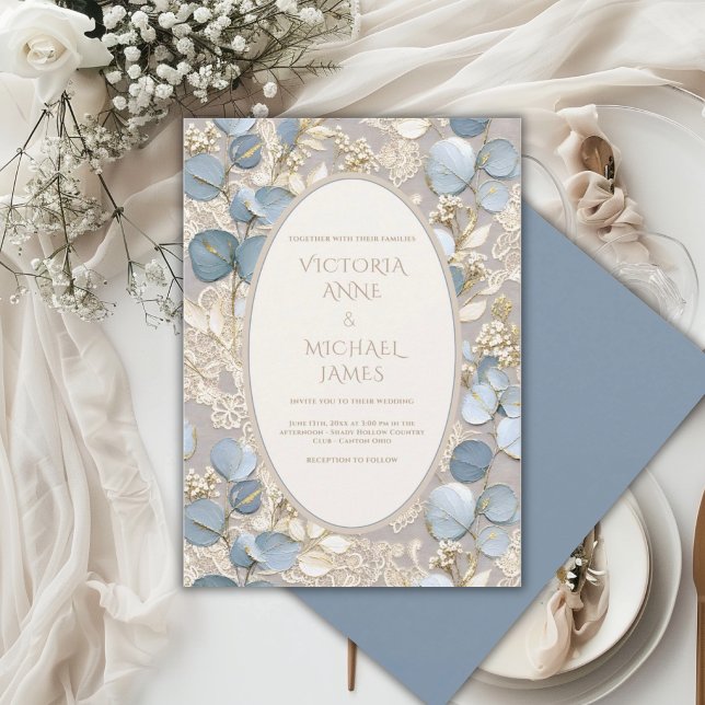 Convite de Casamento Vintage Eucalipto Azul Elegan (Criador carregado)