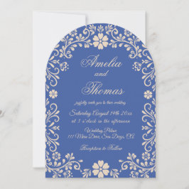 Convite de Casamento Vintage Floral Azul Talavera